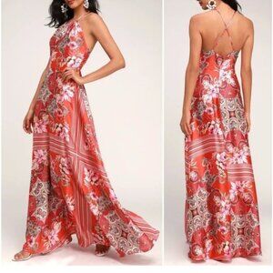 Lulu’s Whirlwind Red Multi Scarf Print Satin Maxi Dress | Size Small